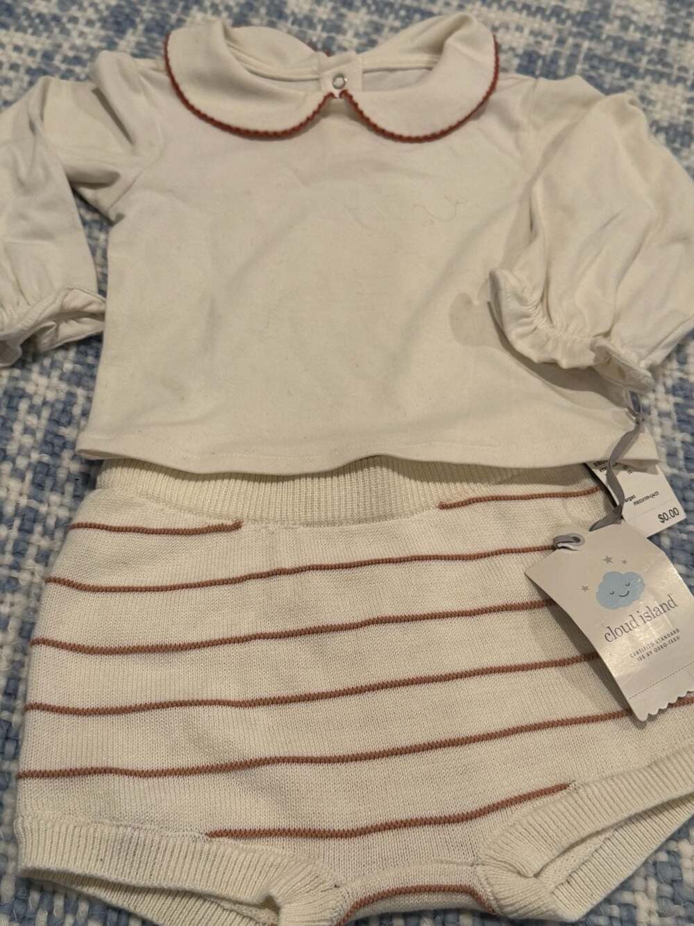 Cloud Island 12M Baby Girl Peter Pan Collar Top and Striped Knit Bloomer Set